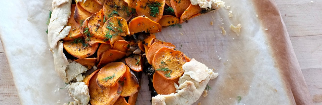 Caramelized Onion, Spinach, and Sweet Potato Tart